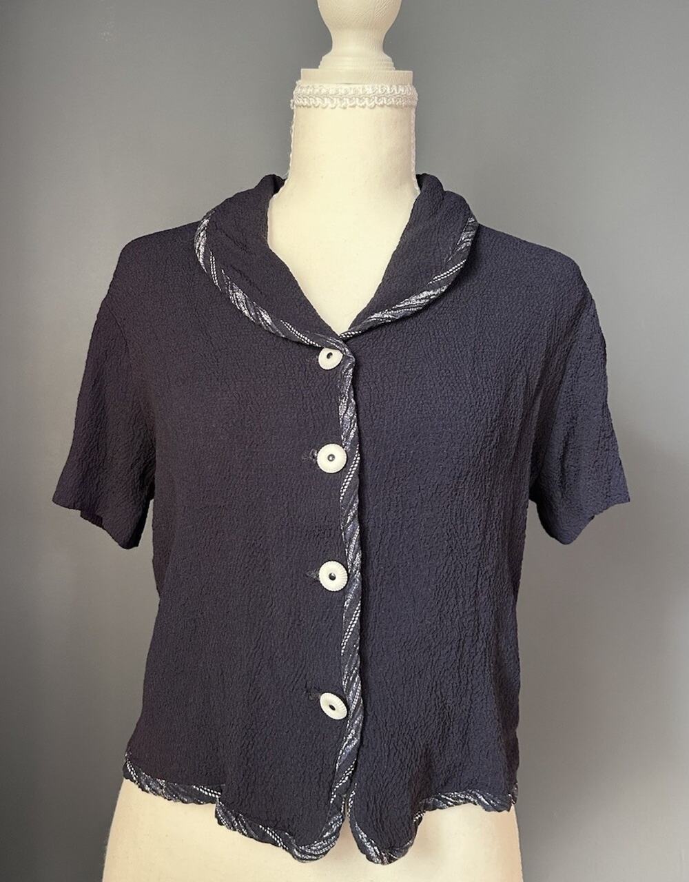 Vintage First Option Navy Collar Button Up Medium Women Summer Coastal Nautical